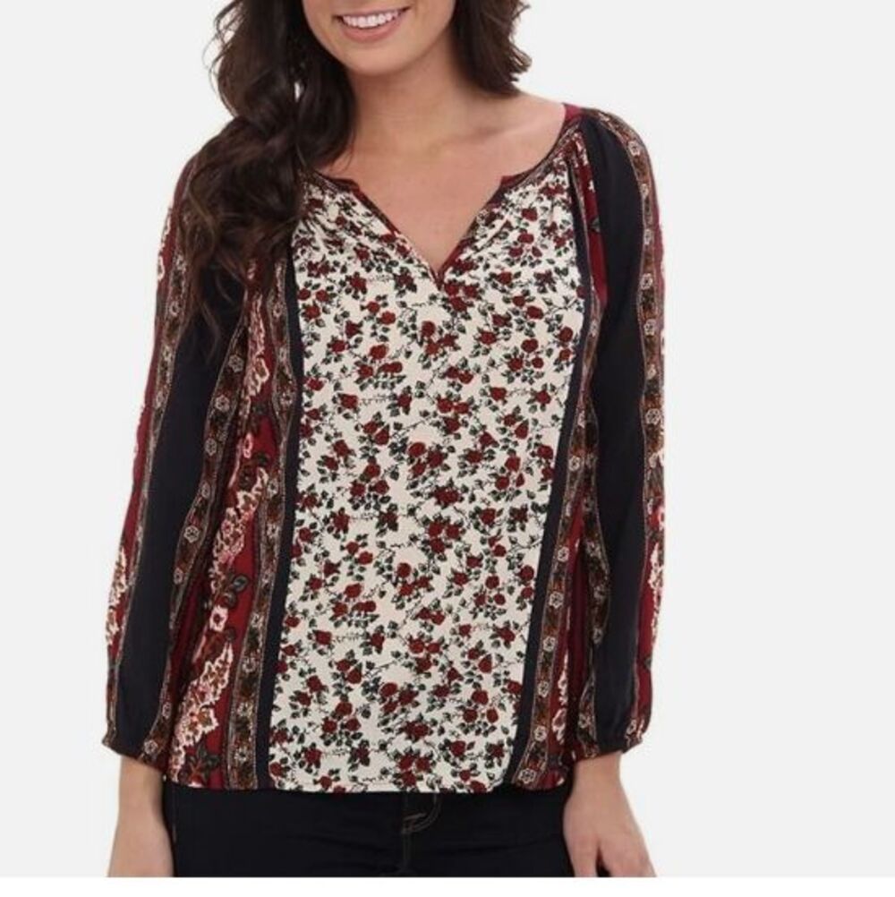 Lucky Brand Floral Scarf V-Neck Blouse-Small-Elastic Cuffs-Lightweight-Boho